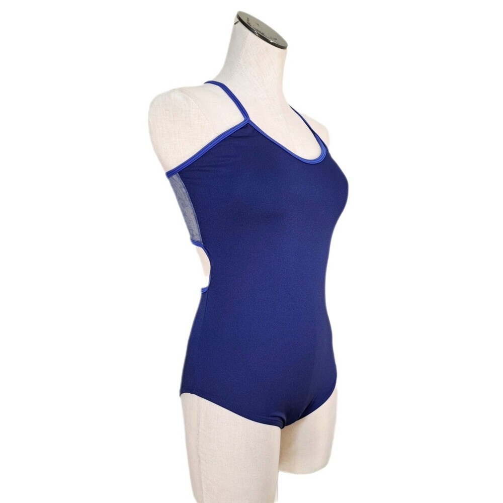 Aja VTG Blue Open Back Cutout Mesh Lace Crossback Tank Leotard AS/SA Size Small - Picture 5 of 14